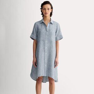 Everlane Women's Daytripper Dress in Linen in White/Blue, Size Large